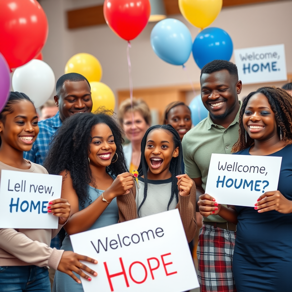 Diverse families receiving keys to their new homes at a community celebration event with balloons and welcome signs, showing joy and hope