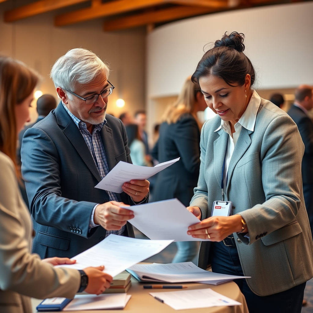 Real estate professionals collaborating at a community event, reviewing documents and discussing charitable initiatives with families in need, warm lighting highlighting their compassionate engagement