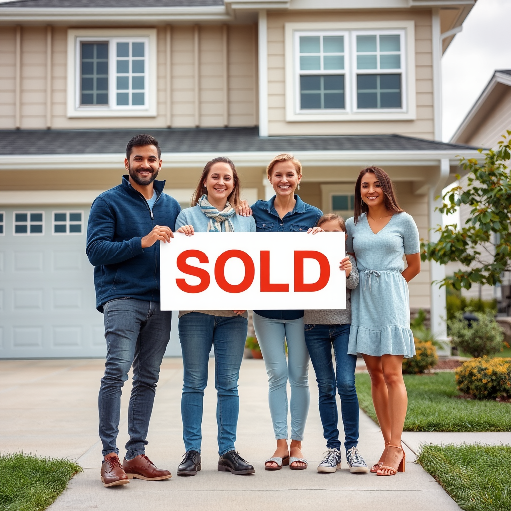 Happy family of four standing in front of their new suburban home holding a sold sign with their real estate agent, showing achievement and pride