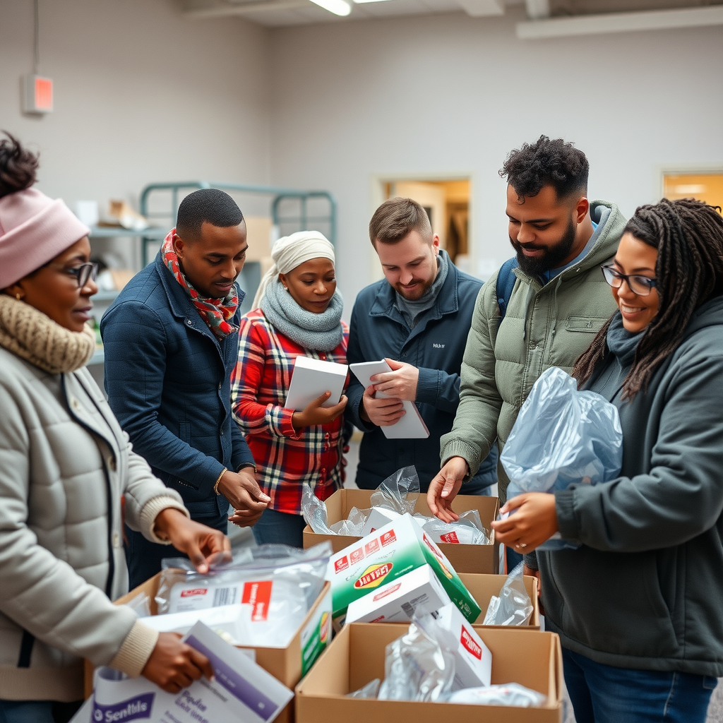 Diverse group of community members and volunteers working together at a community center, organizing winter supplies and assistance programs, showing collaboration and compassion in action