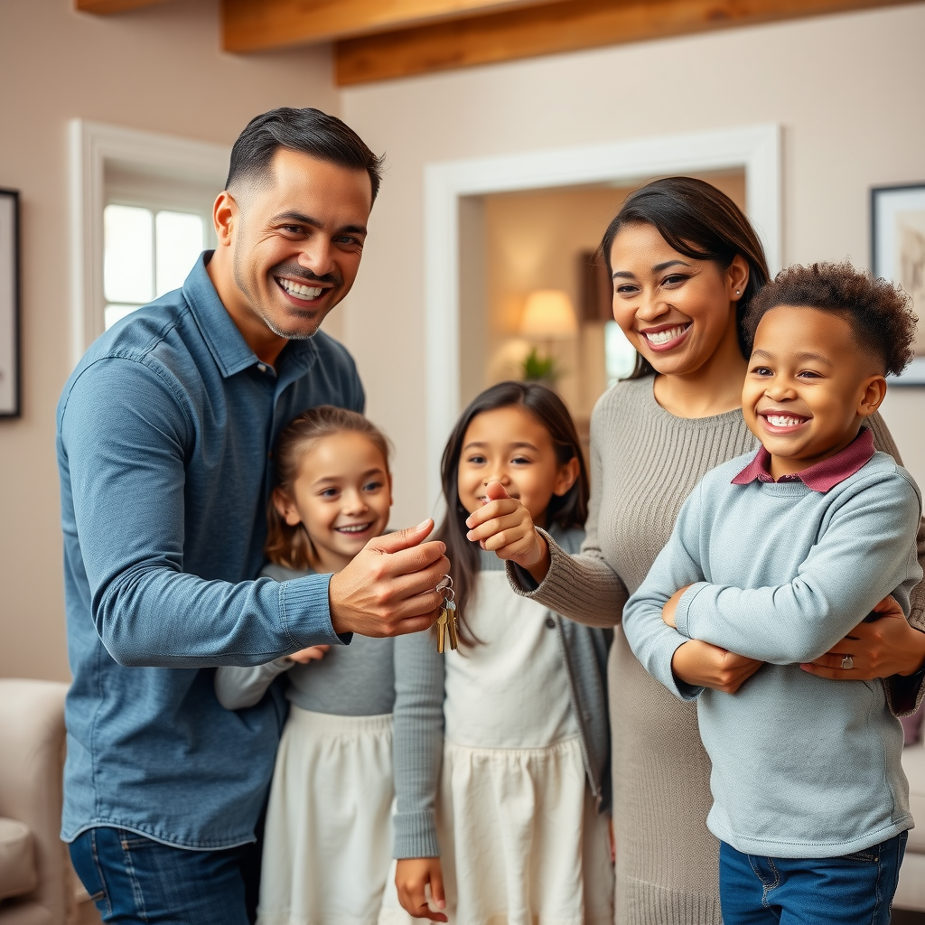 Happy family receiving keys to their new home from a Realty Foundation representative, children smiling with excitement, warm home interior in background showing successful housing assistance program