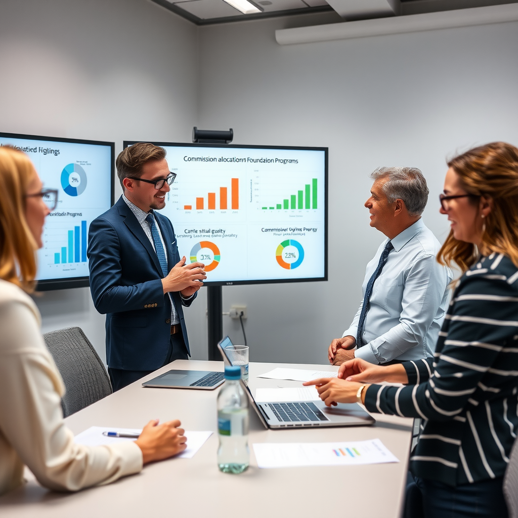 Professional real estate agents in modern office setting discussing charitable giving strategies, with charts showing commission allocation to foundation programs and community impact metrics displayed on screens