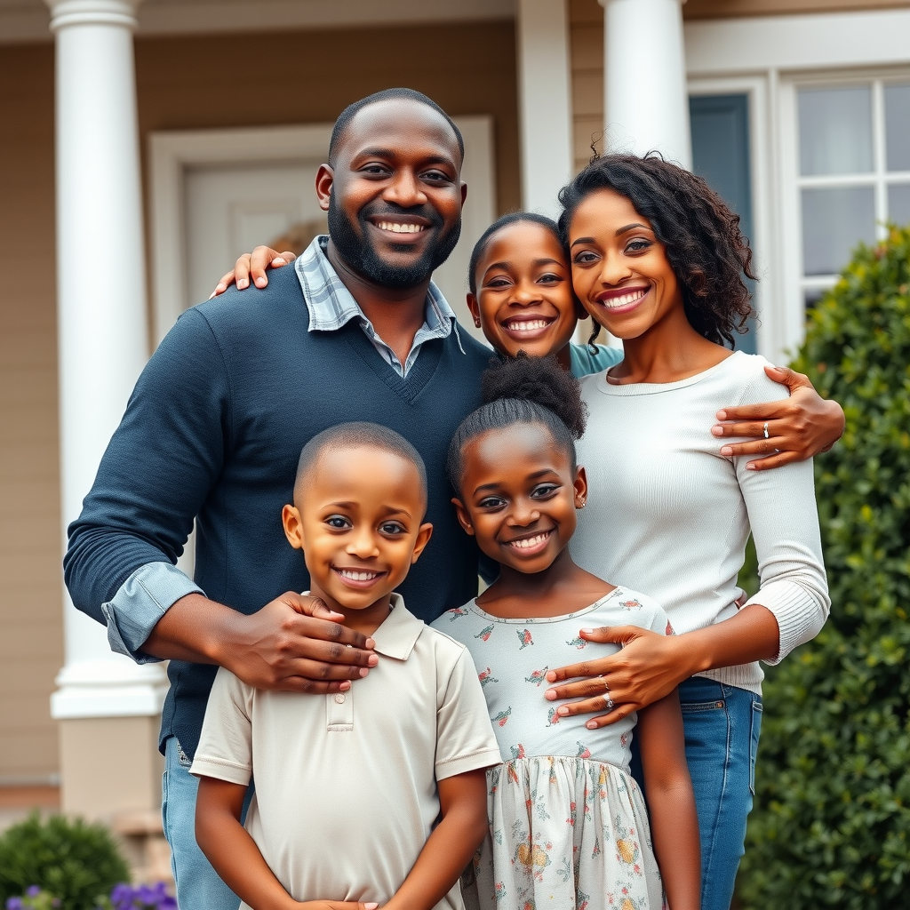 Happy African American family of four standing in front of their home, father Michael Johnson with arm around wife and two children, hopeful and grateful expressions