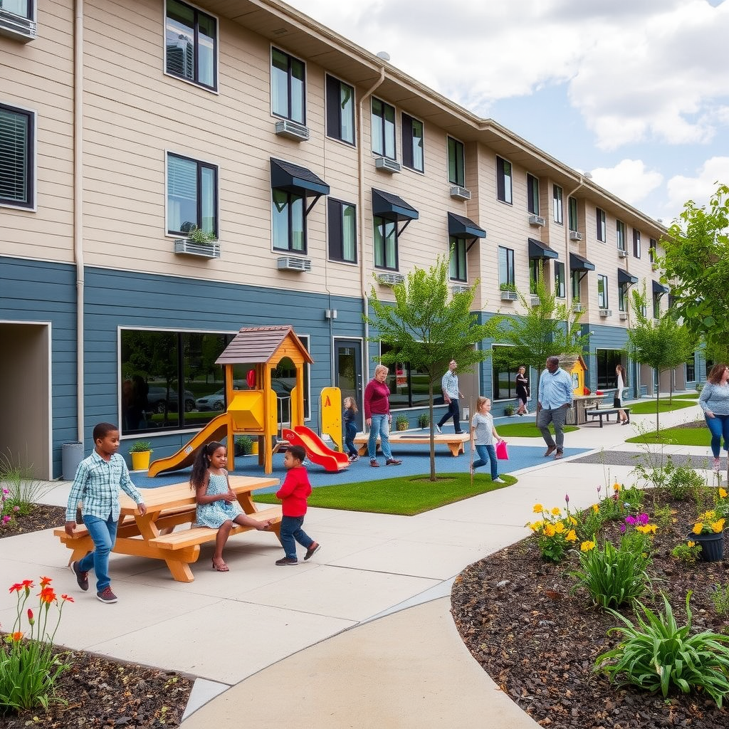 Modern transitional housing facility with children's playground and community garden, showing families engaged in outdoor activities in a safe, welcoming environment