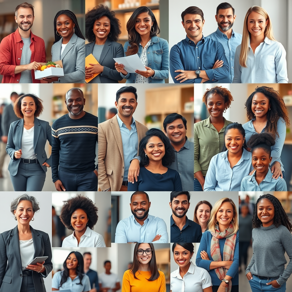 Collage of diverse real estate agents at various community events, including food bank volunteering, youth mentorship programs, and affordable housing initiatives, showing genuine engagement and joy