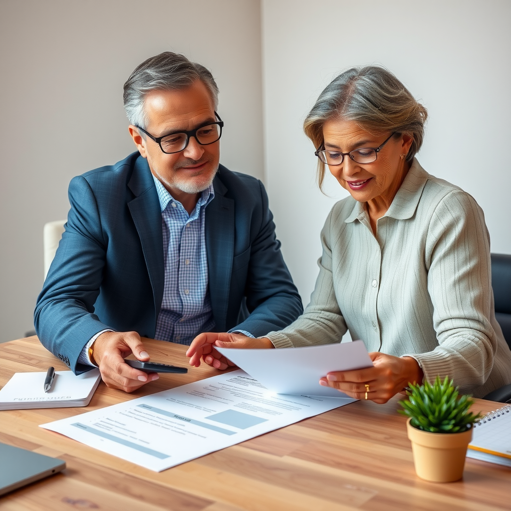 Professional financial advisor meeting with a couple at a desk, reviewing charitable giving documents and tax forms, with calculator and paperwork visible, representing thoughtful year-end financial planning