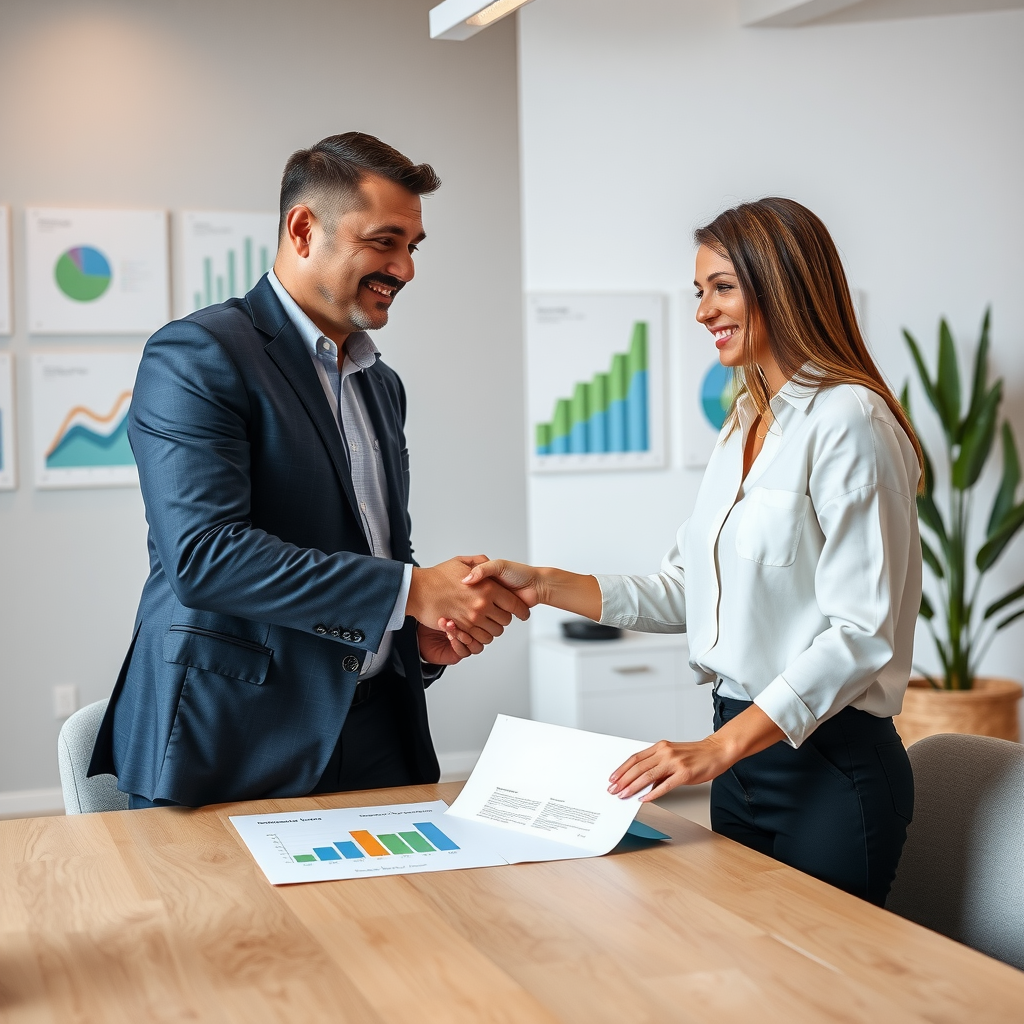 Professional real estate agent shaking hands with a nonprofit organization representative, signing partnership agreement, modern office setting with charts showing charitable giving growth and community impact metrics