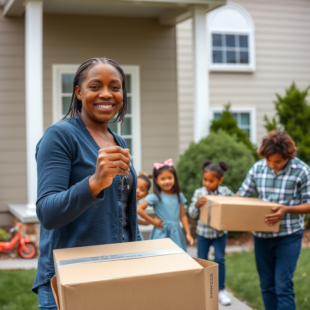 Heartwarming scene of a single mother holding house keys in front of her new home with children playing in the yard, and a veteran family unpacking boxes in their stable housing, showing real people whose lives changed through foundation support