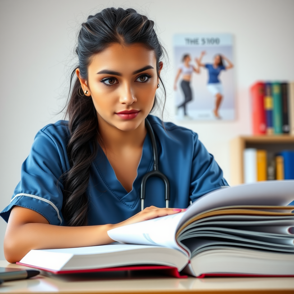 Young Latina woman Emma Rodriguez in nursing scrubs studying at a desk with medical textbooks, determined and focused expression, bright study environment