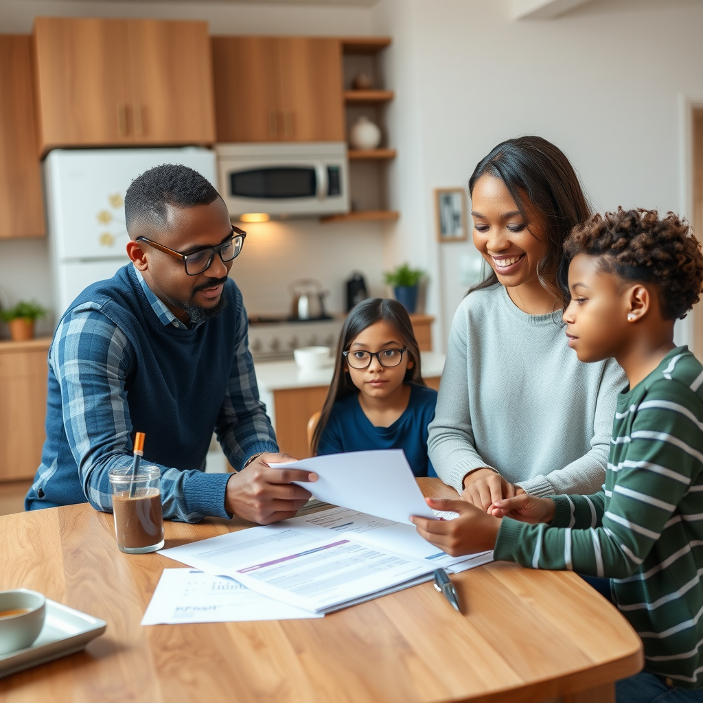 Professional case worker meeting with a family at their kitchen table, reviewing financial documents and rental assistance paperwork in a comfortable apartment setting