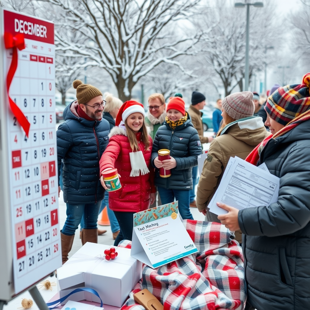 Winter scene showing families receiving warm coats and supplies at a holiday donation event, with calendar showing December dates and tax documents symbolizing year-end charitable giving benefits and matching gift opportunities