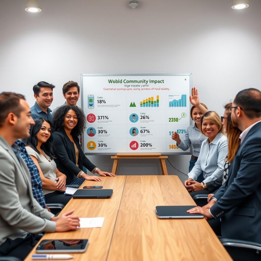 Real estate office team meeting with diverse group of agents celebrating around a board showing community impact statistics, professional and collaborative atmosphere