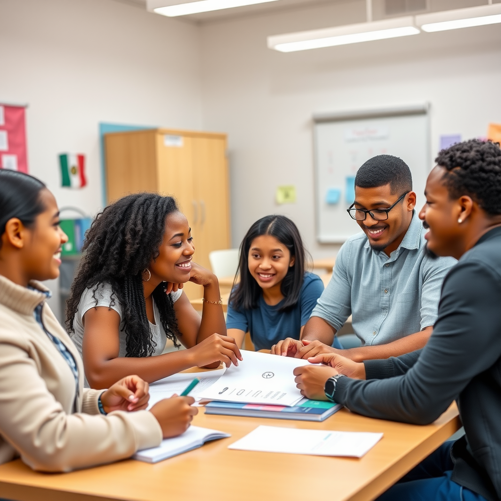 Interactive group workshop session with diverse families learning financial literacy and budgeting skills in a bright, welcoming community center classroom