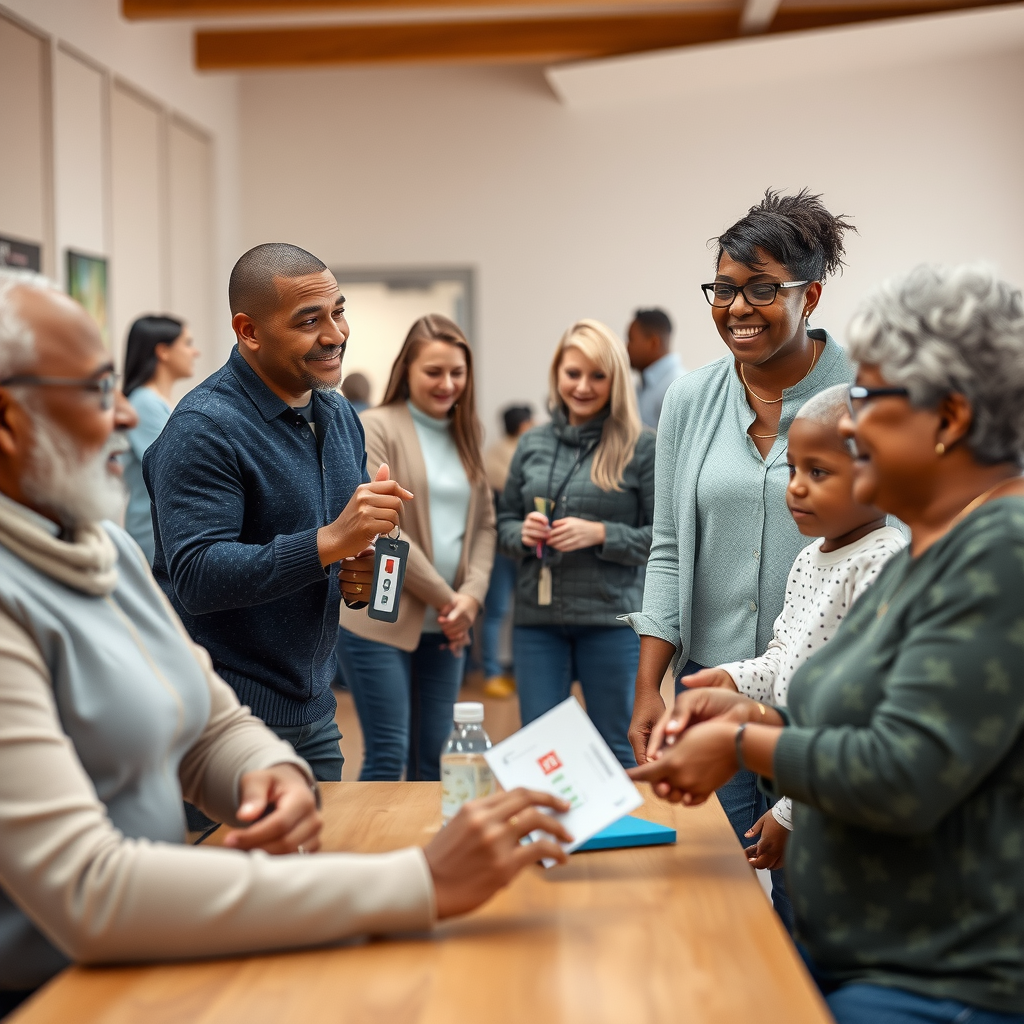 Heartwarming scene of families receiving keys to affordable housing, children participating in after-school programs, and seniors receiving meal assistance, all made possible through Realty Foundation funding