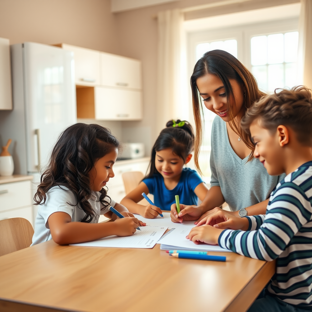 Young Latina mother with three children in a bright apartment, children doing homework at kitchen table, mother helping them, warm afternoon light, peaceful domestic scene