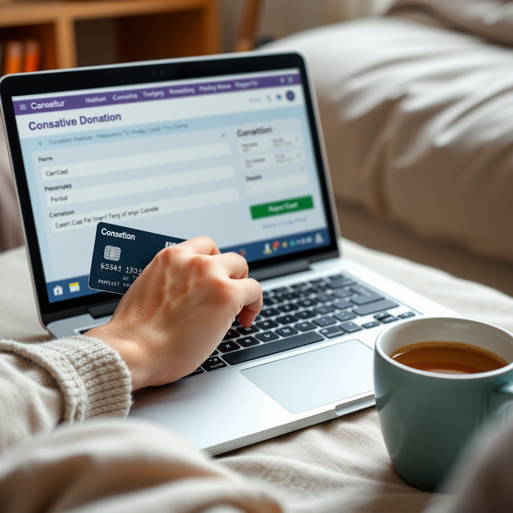Close-up of hands using a laptop computer to complete an online donation form, with a credit card nearby and a warm cup of coffee, representing the ease and convenience of digital giving from home