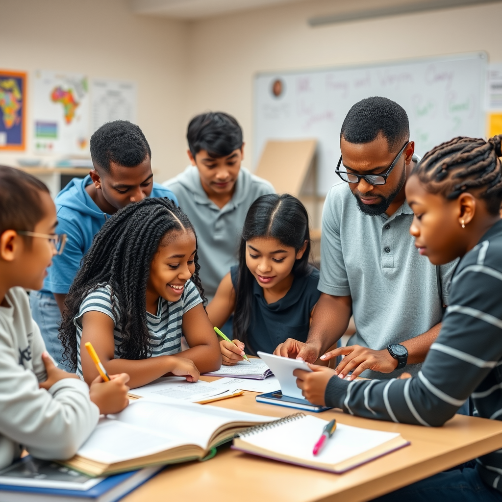 Diverse group of students in a tutoring session, working together on homework with volunteer tutors, bright classroom setting with educational materials