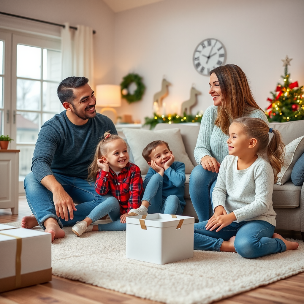 Happy family of four in their living room decorating for the holidays, children smiling and playing while parents look on with relief and joy, representing the stability and hope that housing support provides