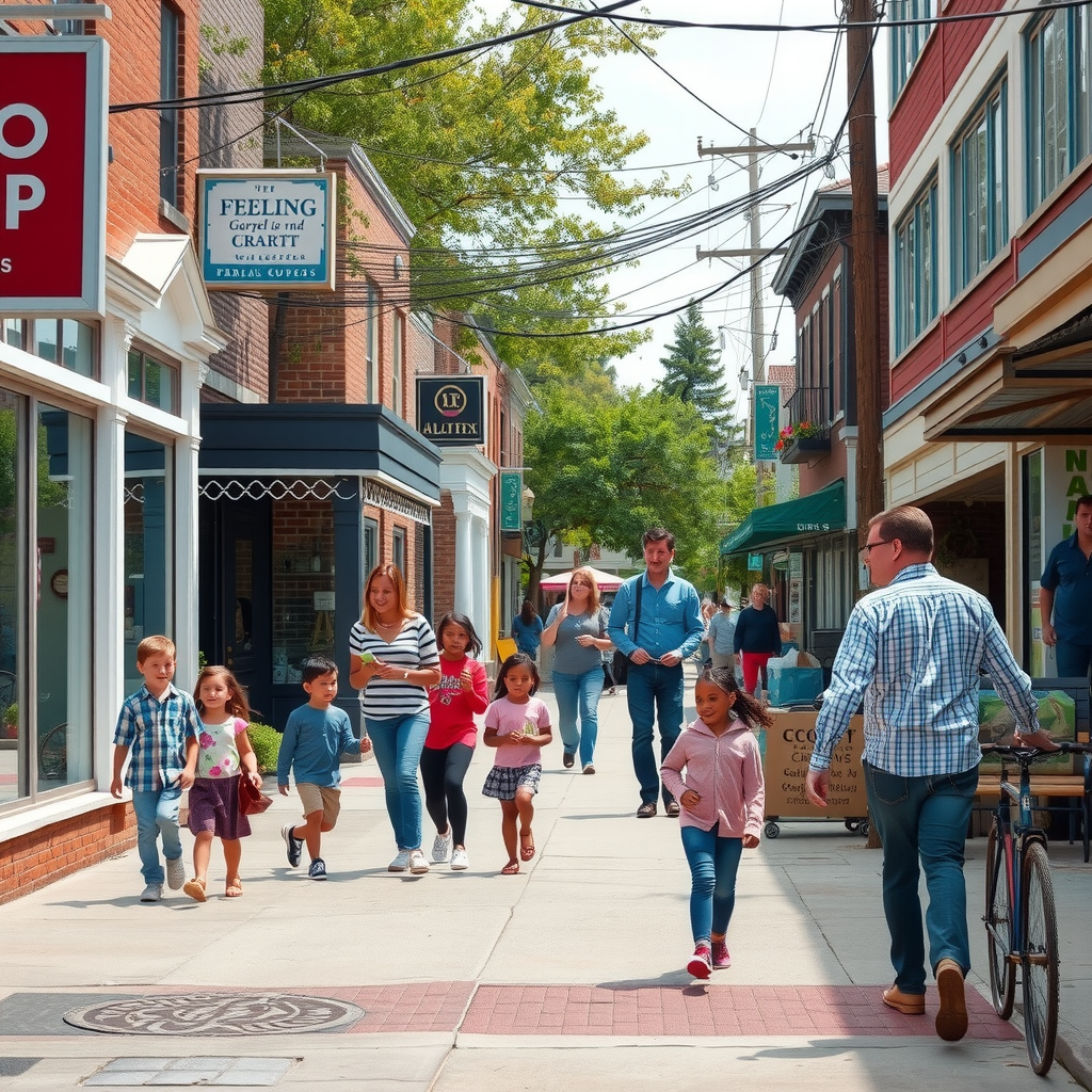 Vibrant neighborhood street scene with families walking, children playing, local businesses thriving, showing a strong and connected community