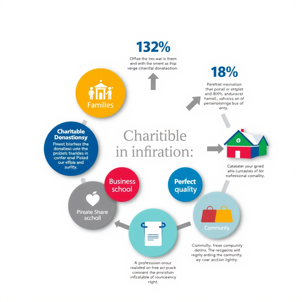 Colorful infographic illustration showing the ripple effect of charitable donations through connected circles representing families, schools, businesses, and community with positive statistics and arrows