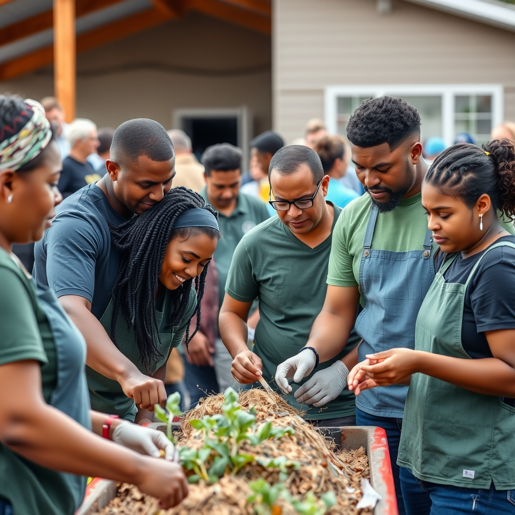 Diverse group of volunteers and community members working together at a community event, people of different ages and backgrounds, collaborative atmosphere, outdoor community center setting