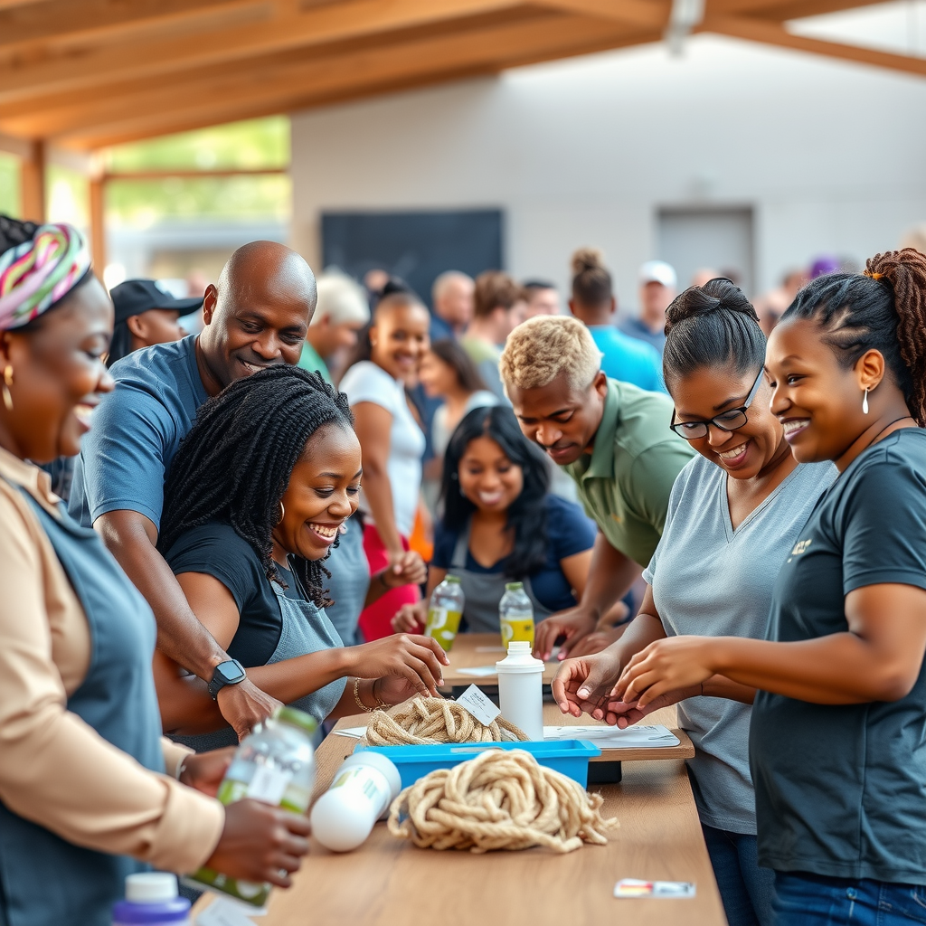 Wide panoramic view of diverse community members of all ages working together at a community event, showing volunteers, families, and staff collaborating with smiles and positive energy, outdoor setting with natural lighting